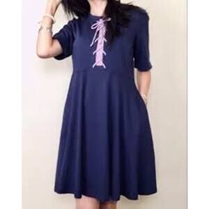 Anthropologie Navy Lace Up Dress Size Small Blue
